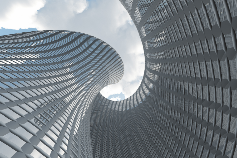 An abstract, close-up digital render of a parametric architectural interior featuring a massive, twisting structure with a metallic mesh pattern curving toward a bright sky.