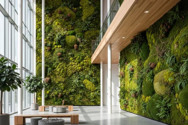 Interior of a building with moss wall installations on the walls