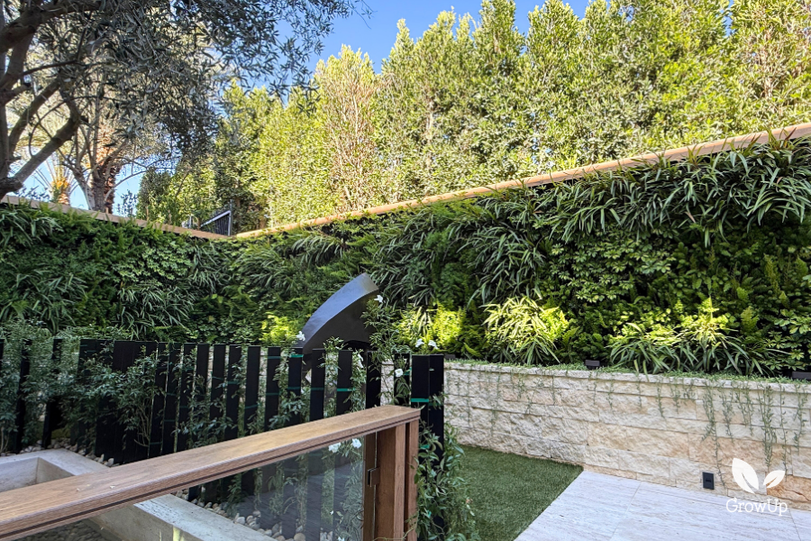 The green wall forms the main backdrop, displaying varied textures of cascading plants. Above it is a dense, high hedge. The wooden railing of a deck is visible in the lower left, and light travertine pavers are on the right.
