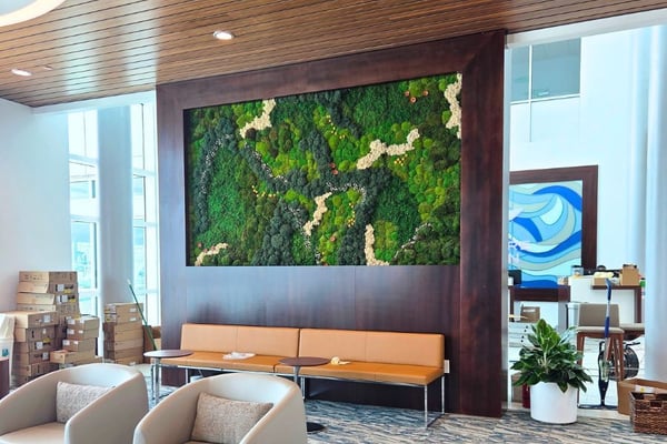 natural flowing moss wall on a wooden frame in airport lounge