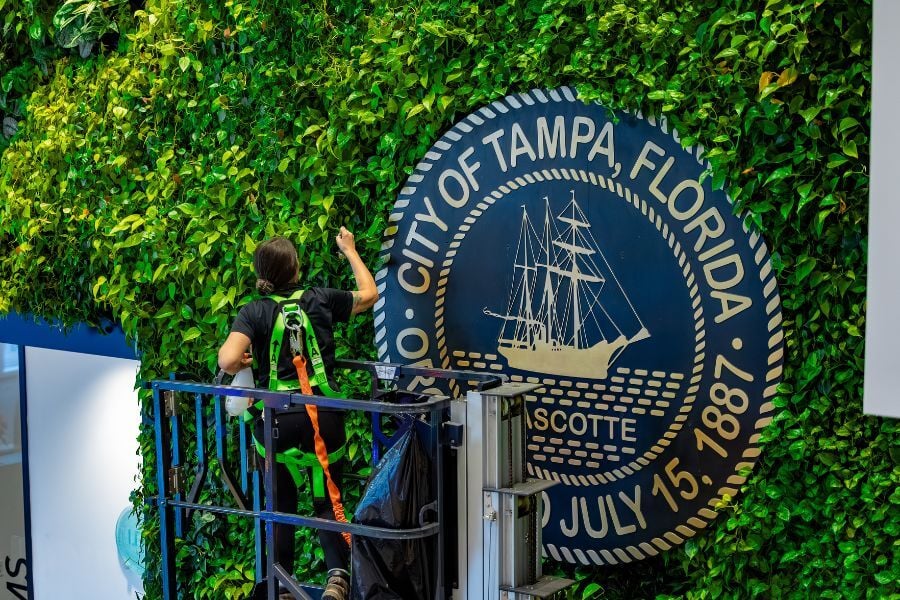 maintenance being done by a lady on Tampa's living wall