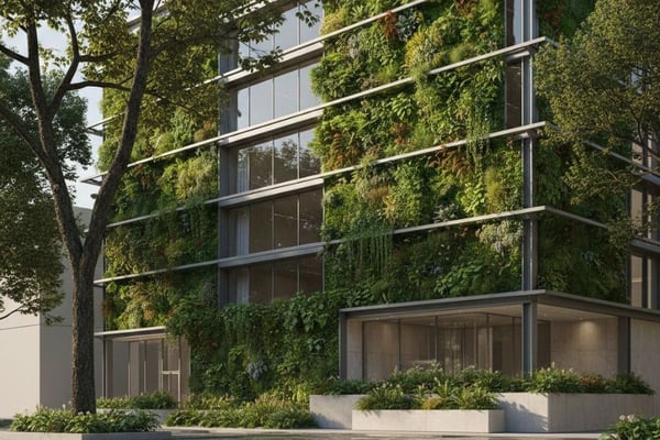 Outdoor image of a building with living walls built into the design