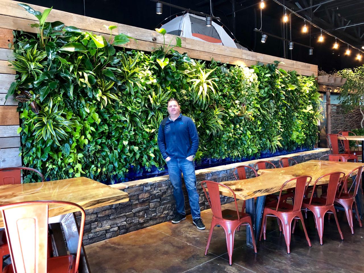 Close view of the Belching Beaver living wall, full and green, with red bar stools in front