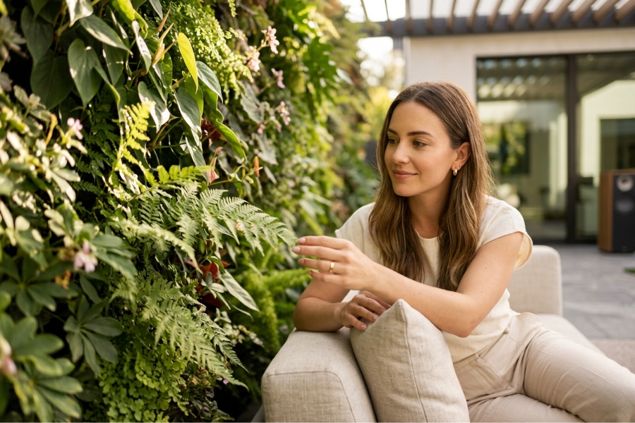 Relaxed woman sits on an upscale patio armchair, peacefully connecting with a dense, detailed vertical living wall in a luxurious modern home setting under soft daylight. The image illustrates biophilic design for residential wellness.