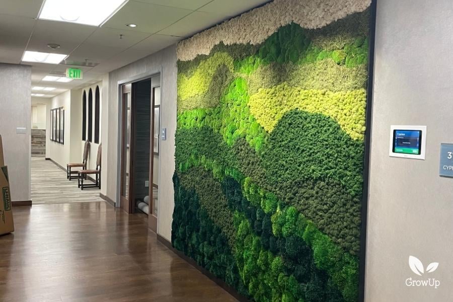 An office hallway featuring a large wall installation made of green and cream moss arranged to look like a rolling mountain landscape.