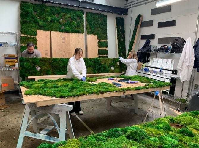 Large preserved moss panels in production off site before shipping to the store