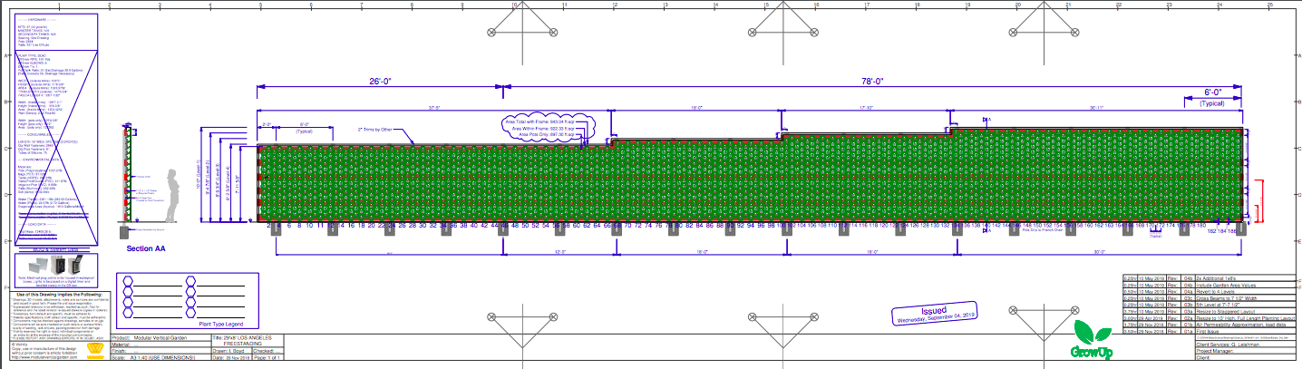 Elevation drawing of the 105-foot living wall showing the plant layout and frame dimensions