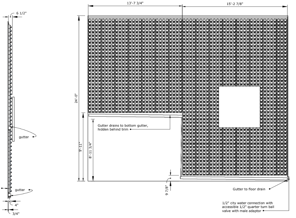 Layout drawing of the Tampa living wall showing the tray grid, doorway opening, gutter and water connection