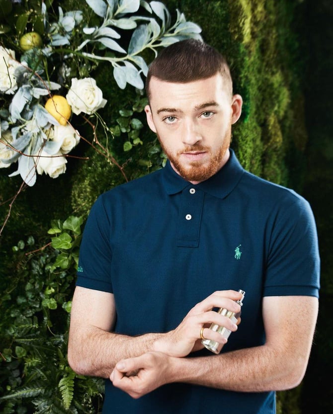 Actor Angus Cloud promotes Polo Earth fragrance in front of GrowUp Moss Wall