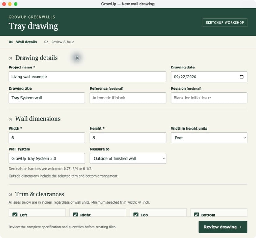 Tray drawing form in SketchUp with GrowUp Tray System 2.0 selected