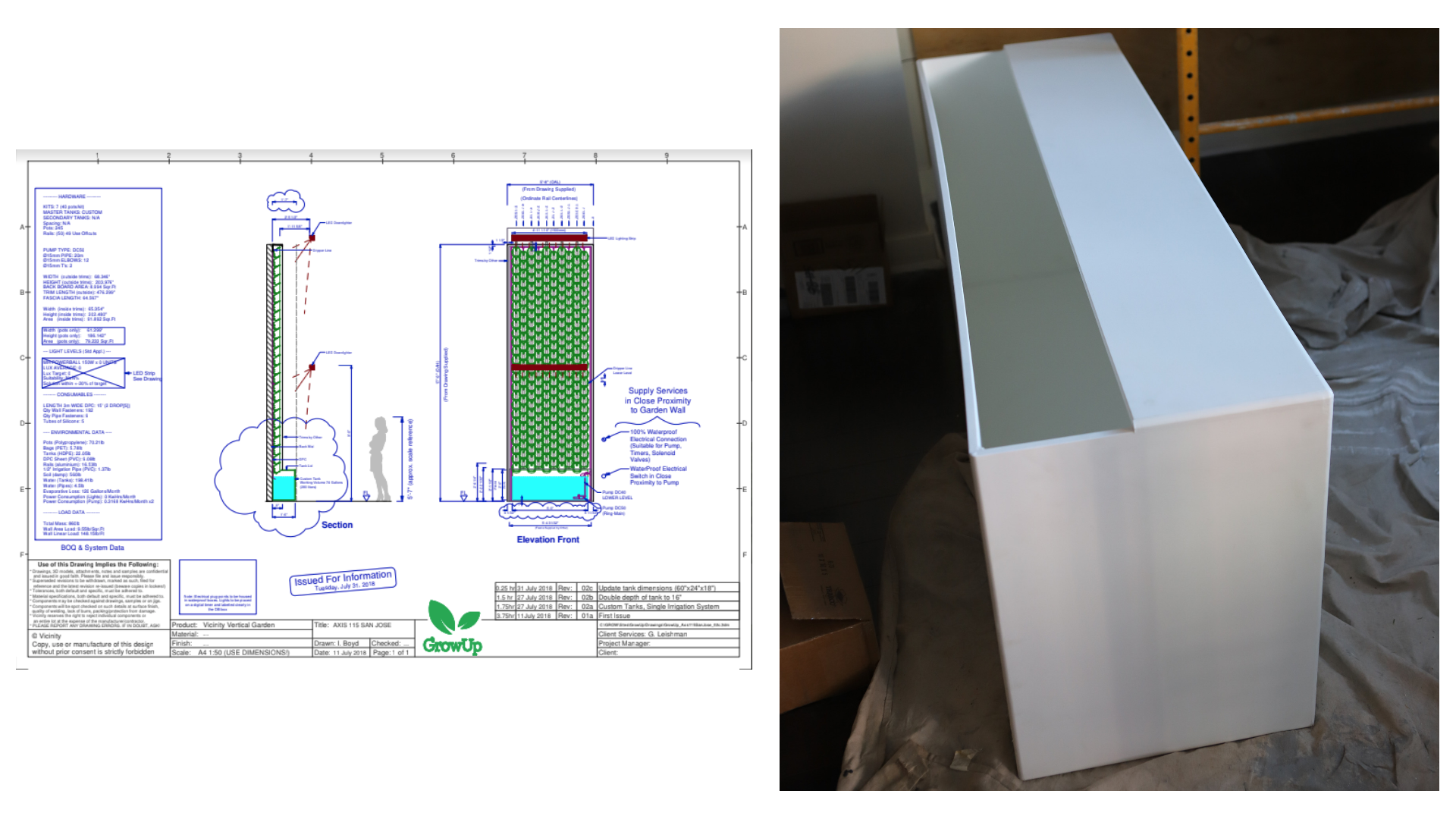 CAD drawing of the living wall next to the custom white catch tank built for the project