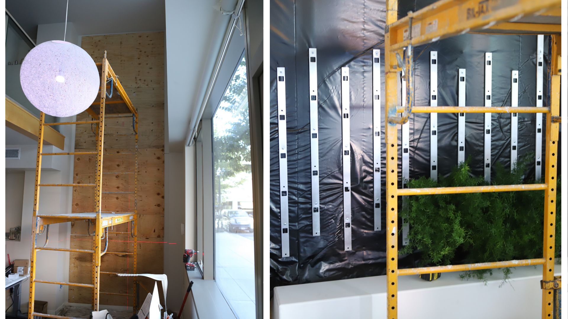 Installation in progress, with scaffolding in place and the living wall system fixed to the wall