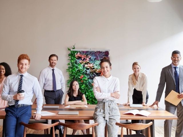 team of coworkers standing in front of mobile divider living wall