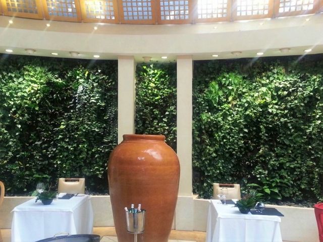 Three tall greenwalls in a high end restaurant