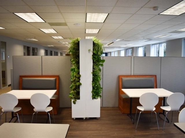 double sided mobile divider unit in an office break room