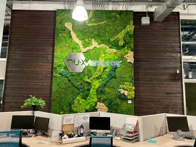 Large moss wall with signage in an office