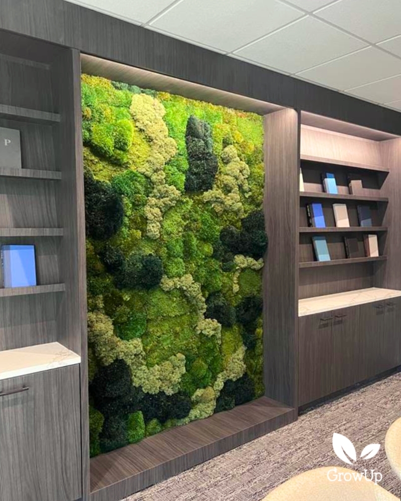 Recessed moss wall surrounded by bookshelves