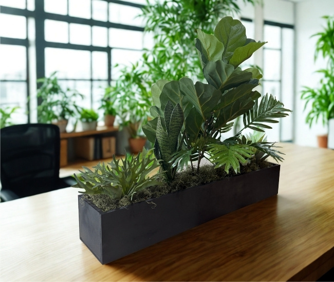 California Coastal planter arrangement, indoor faux plants for furniture planters