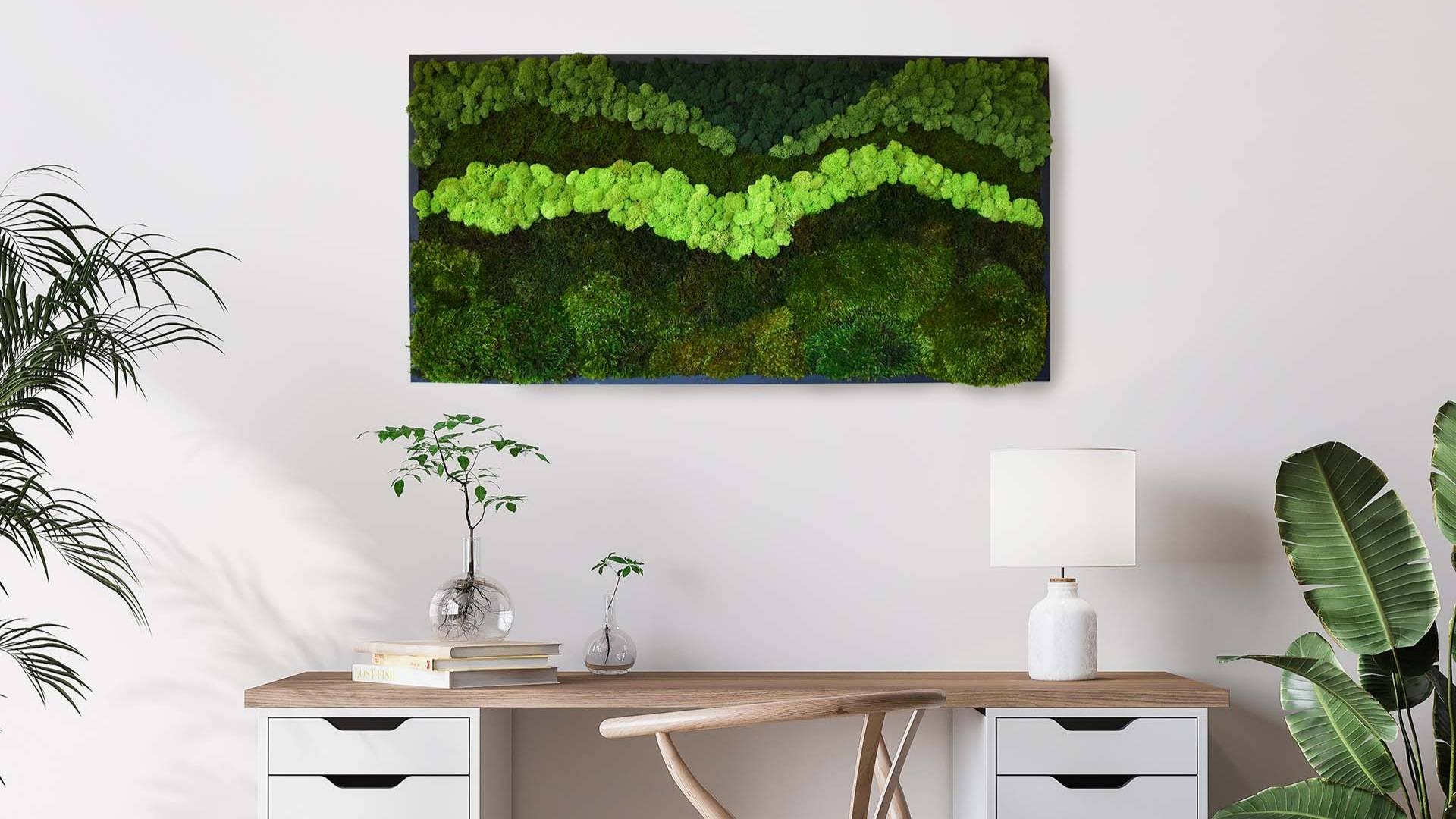 Indoor workspace large green moss wall