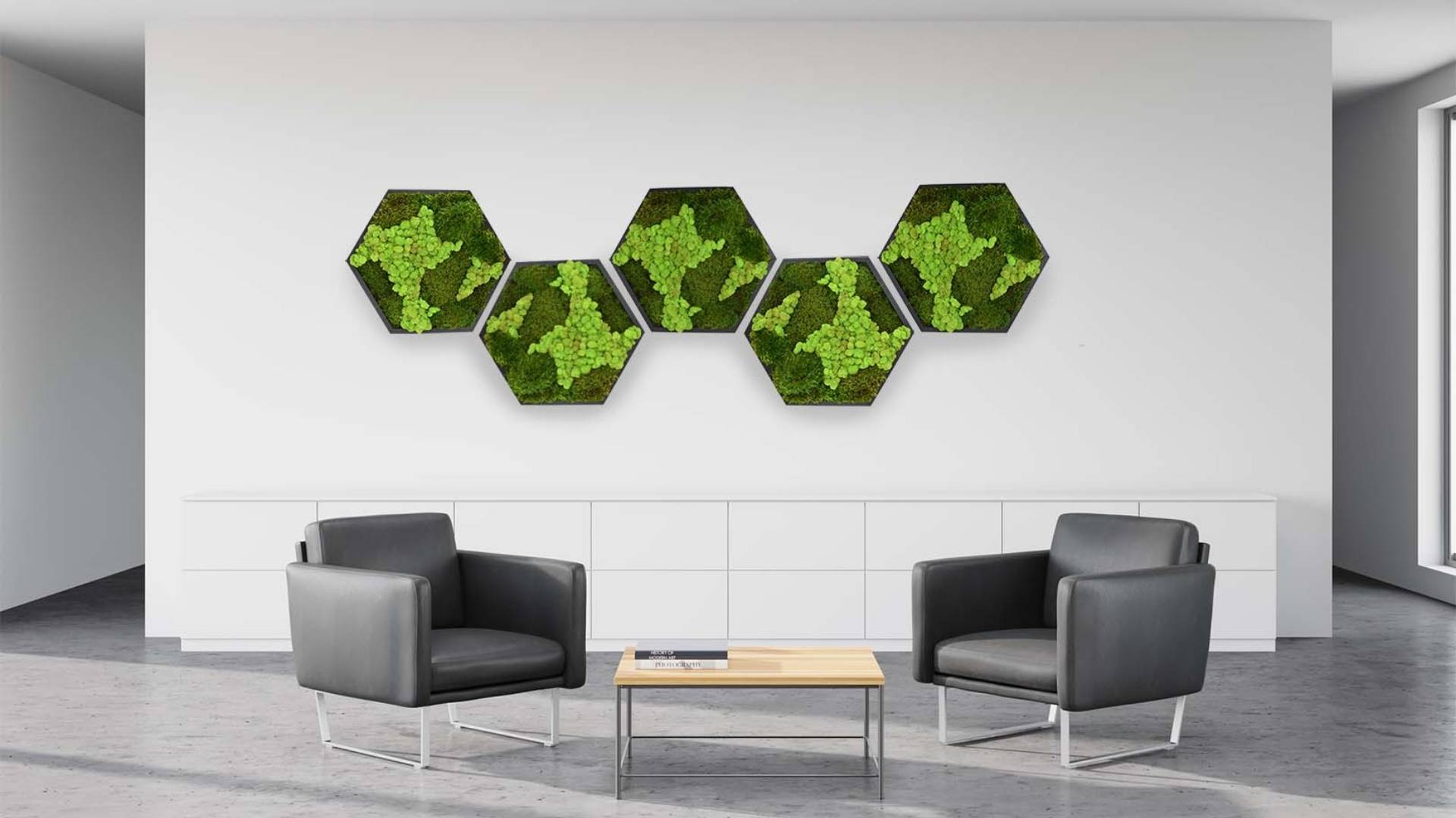 Modern office space small moss green wall
