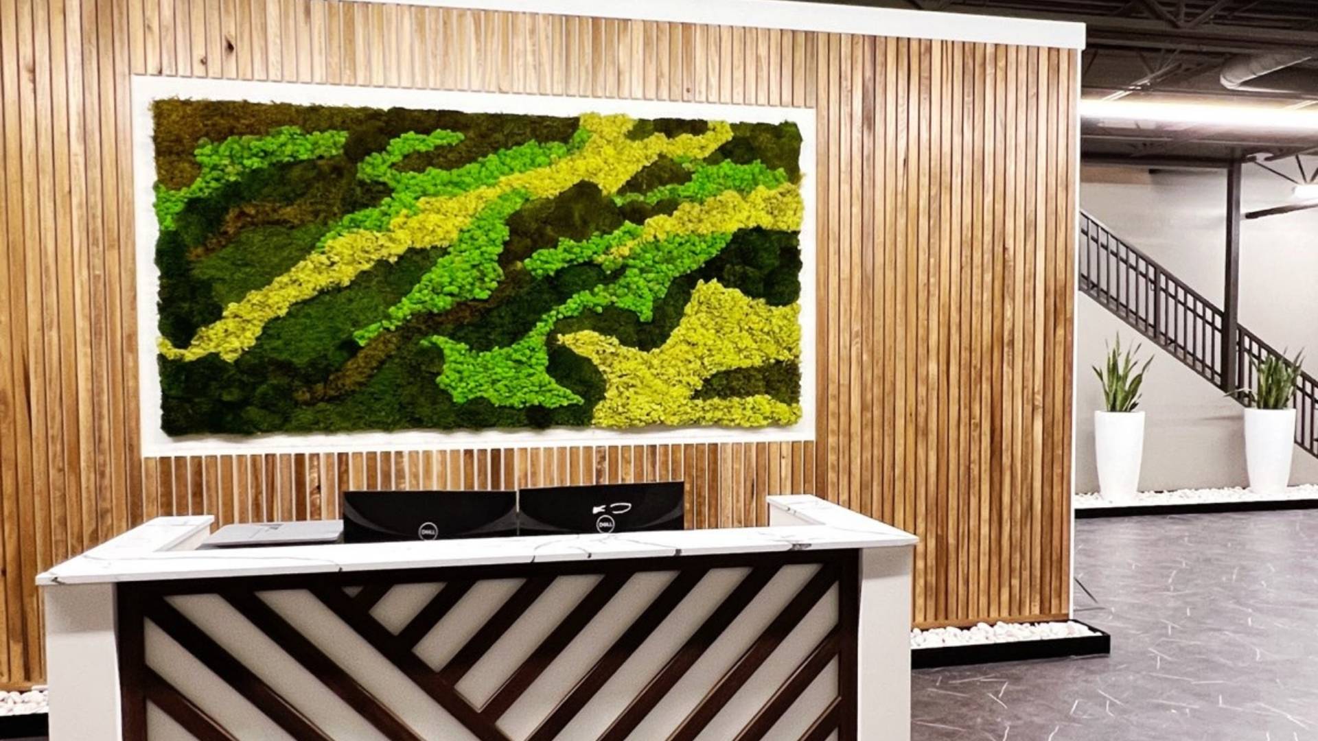 indoor office reception green moss wall